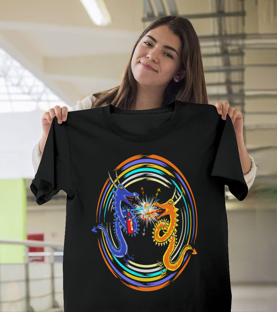 Dragon Fight: Blue and Orange Battle with Fire Breath and Blazing Motion T-Shirt