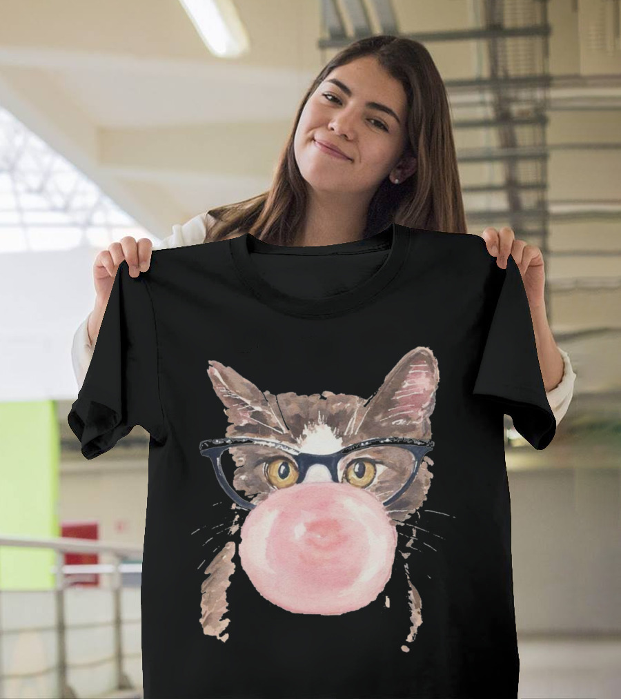 Cat With Glasses Chewing Pink Bubblegum T-Shirt