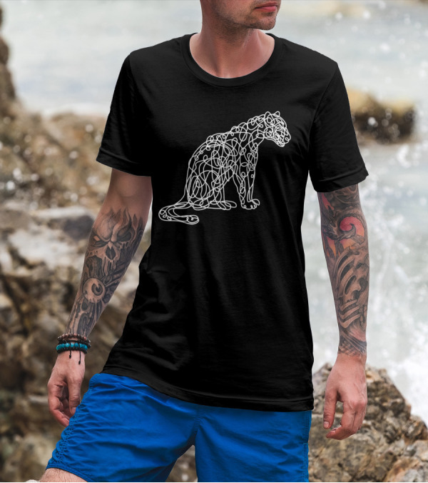 Leopard Artistic Line Style White Abstract Cat Outline T-Shirt
