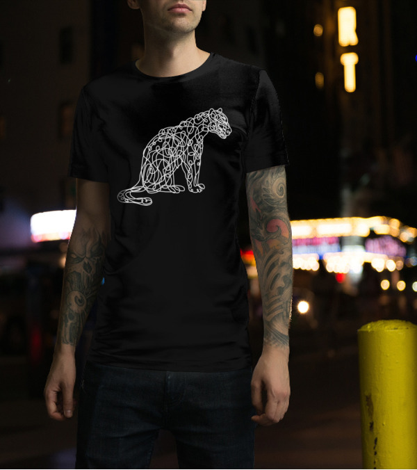 Leopard Artistic Line Style White Abstract Cat Outline T-Shirt