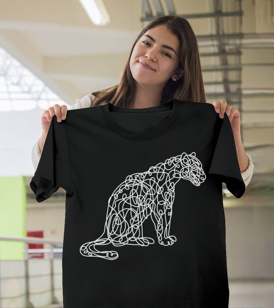 Leopard Artistic Line Style White Abstract Cat Outline T-Shirt