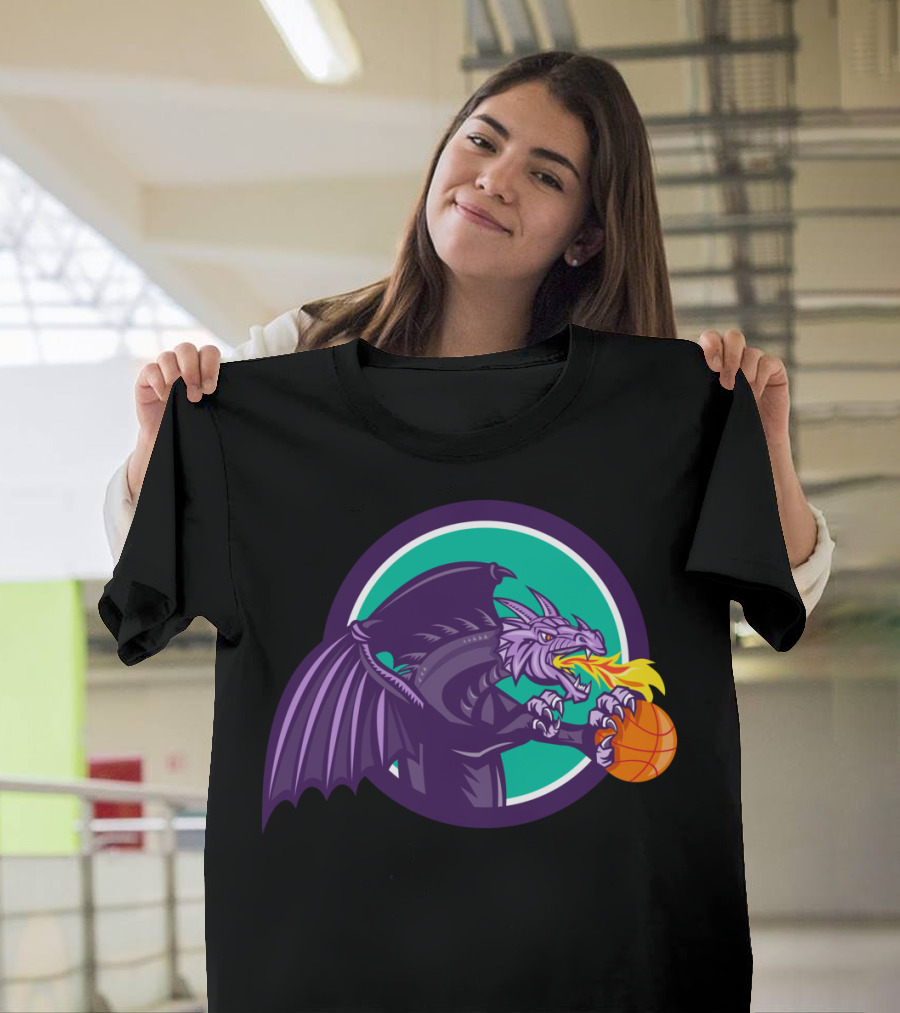 Dragon Breathing Fire Holding Basketball Circle Emblem T-Shirt