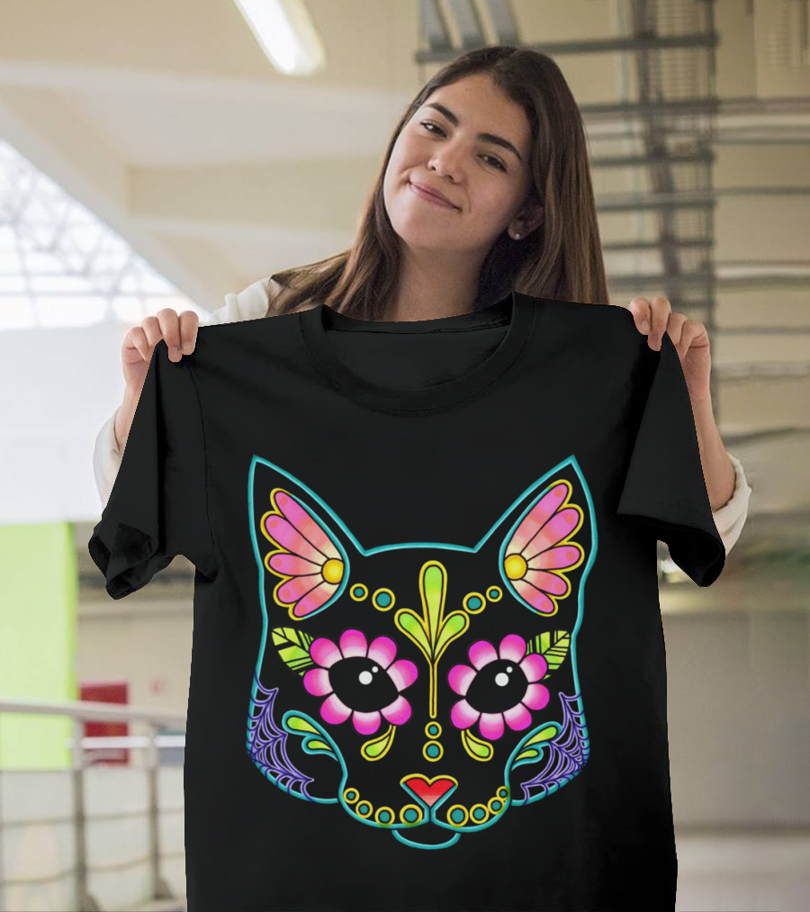 Black Cat Day Of The Dead Sugar Skull T-Shirt