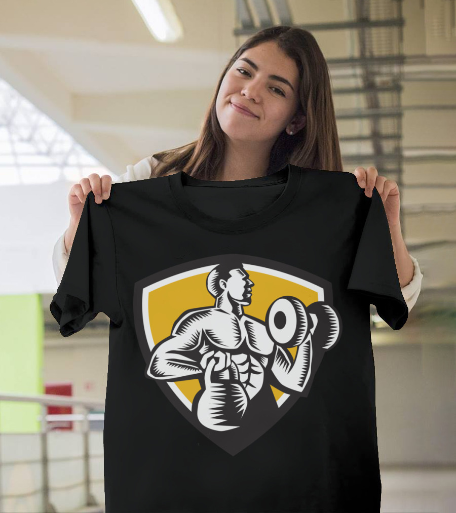 Athlete Lifting Kettlebell Dumbbell Shield Crest Fitness Woo T-Shirt