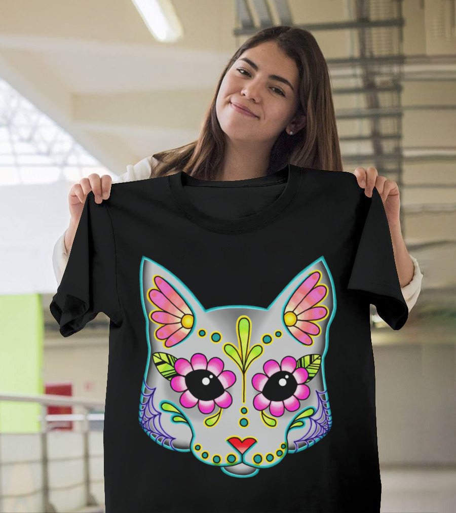 Cat In Grey Day Of The Dead Sugar Skull Design With Colorful Floral Elements T-Shirt