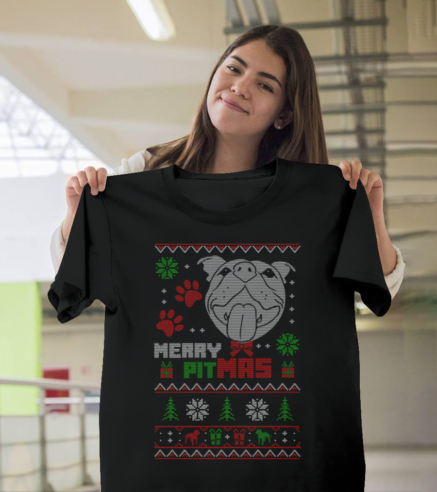 Merry Pitmas Ugly Christmas Sweater Pit Bull Dog Paw Prints Snowflakes T-Shirt