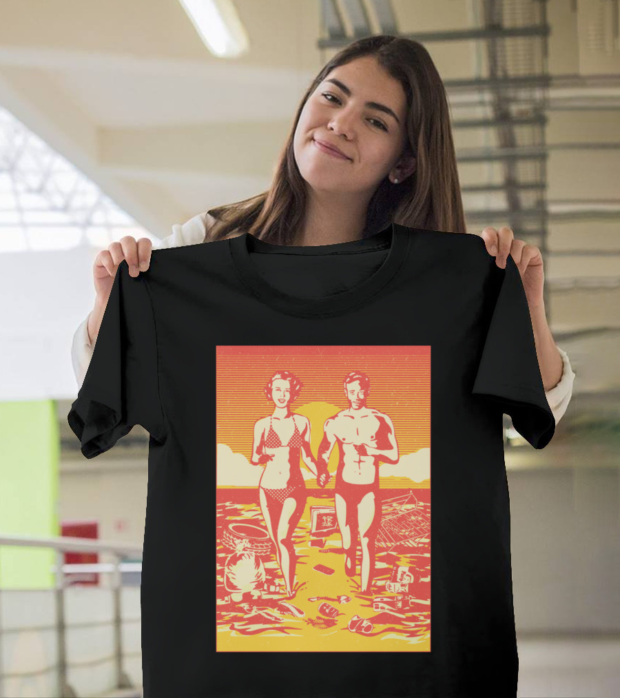 Happy Couple Walking on Sandy Beach with Ocean Waves and Sunset T-Shirt