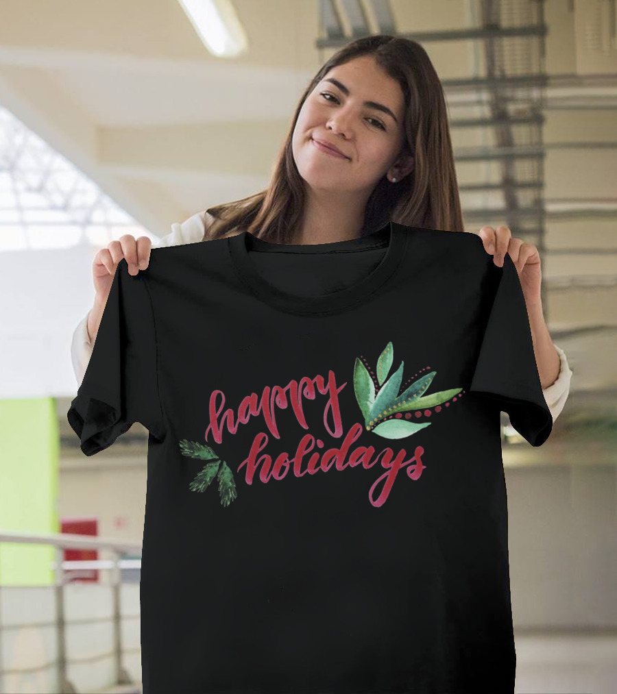 Happy Holidays Festive Red and Green Leaves T-Shirt
