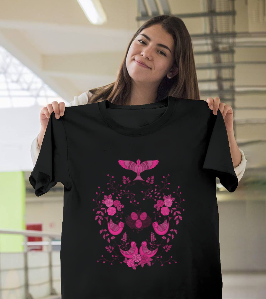 THE FLIGHT Folk Art Bird and Floral Motif T-Shirt
