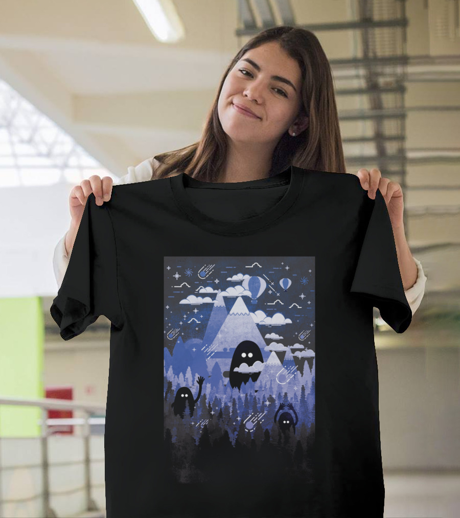 Cerulean Tundra Monsters in Starry Mountain Forest Scene T-Shirt