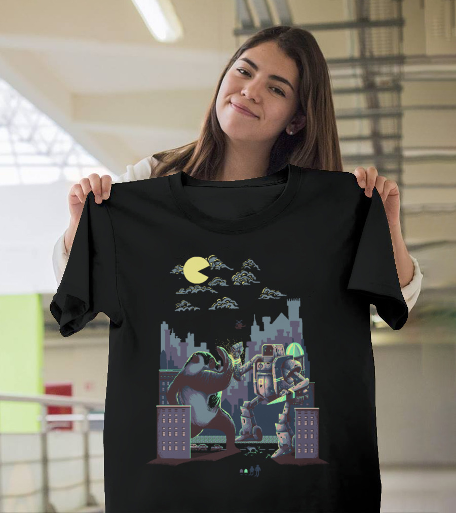 Madness At Pixel Town Panda Versus Robot Showdown in Cityscape with Pac-Man Moon T-Shirt