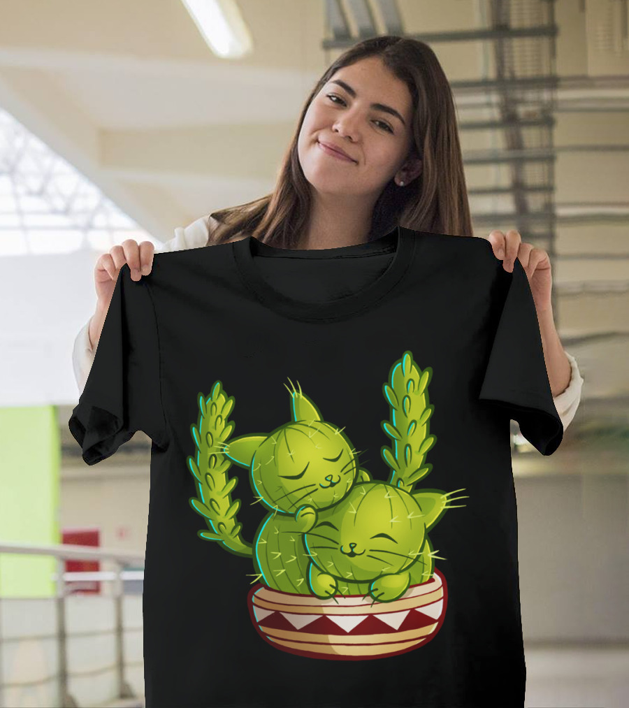 Cat Tus Love to Cuddle Cactus Cats Snuggled in Planter T-Shirt