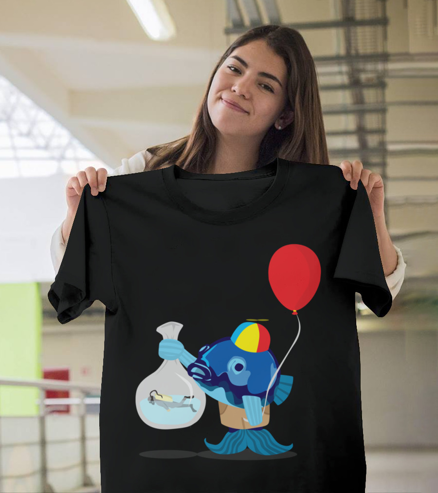 Pet Scuba Fish Holding Diver in Water Bag with Red Balloon and Propeller Hat T-Shirt