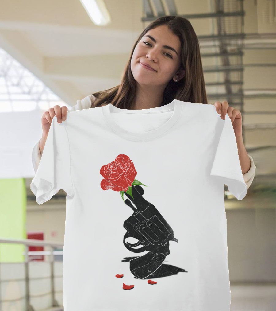 Ceasefire Revolver with Blooming Red Rose T-Shirt