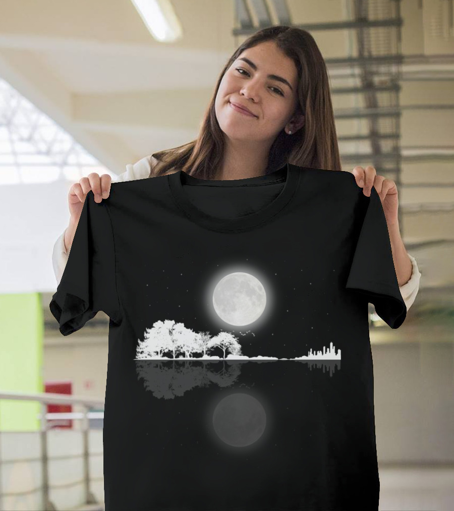 Nature Guitar Night Full Moon Reflection with Forest and Cityscape T-Shirt