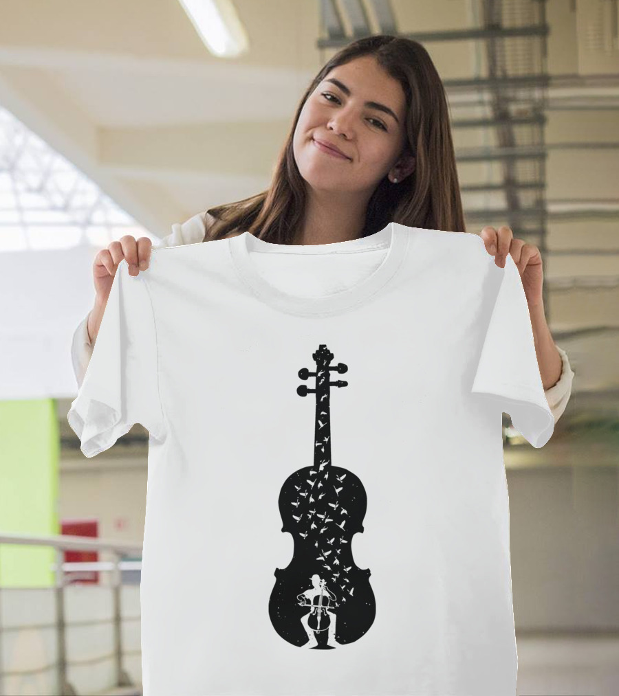 Cello Silhouette with Musician Playing Cello and Birds T-Shirt
