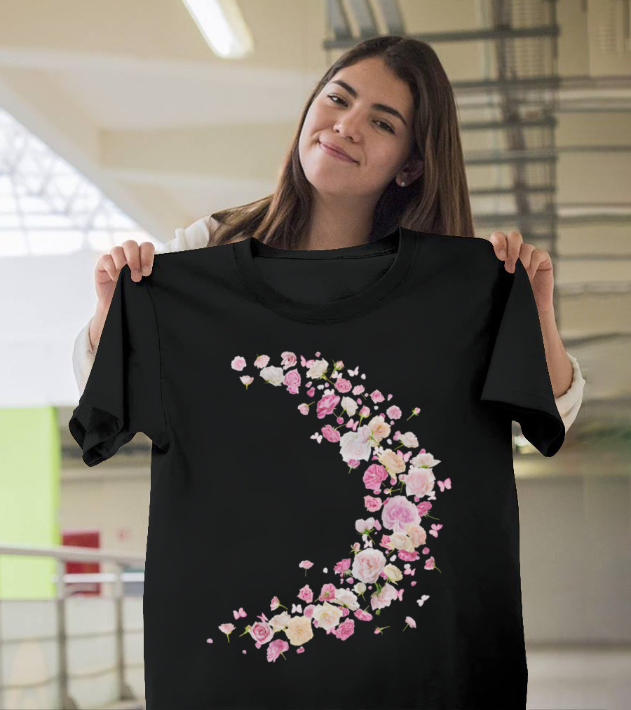 Rosa Pink and White Roses with Butterflies Crescent Shape T-Shirt