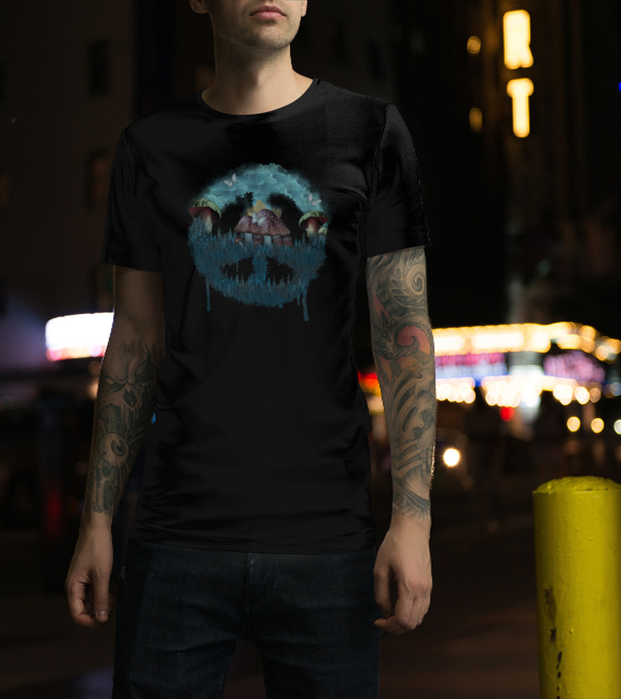 Peaceful Forest Mushrooms With Butterflies And Clouds T-Shirt