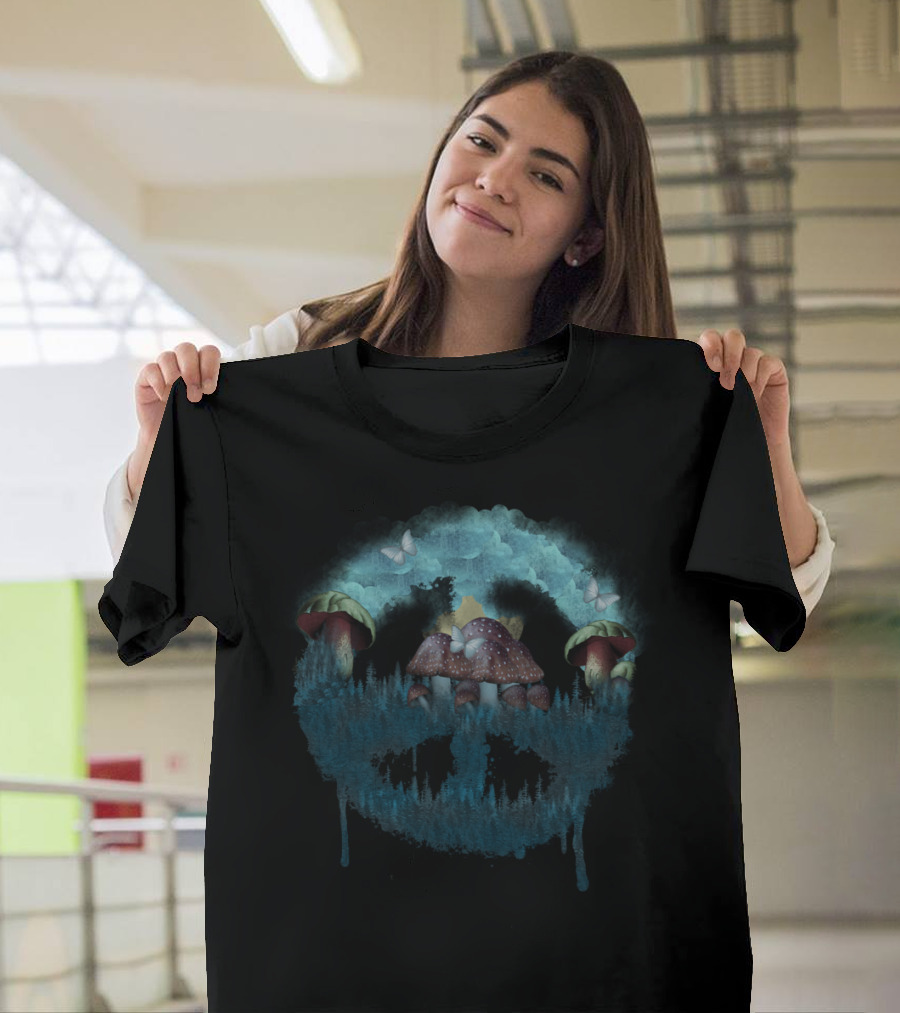 Peaceful Forest Mushrooms With Butterflies And Clouds T-Shirt