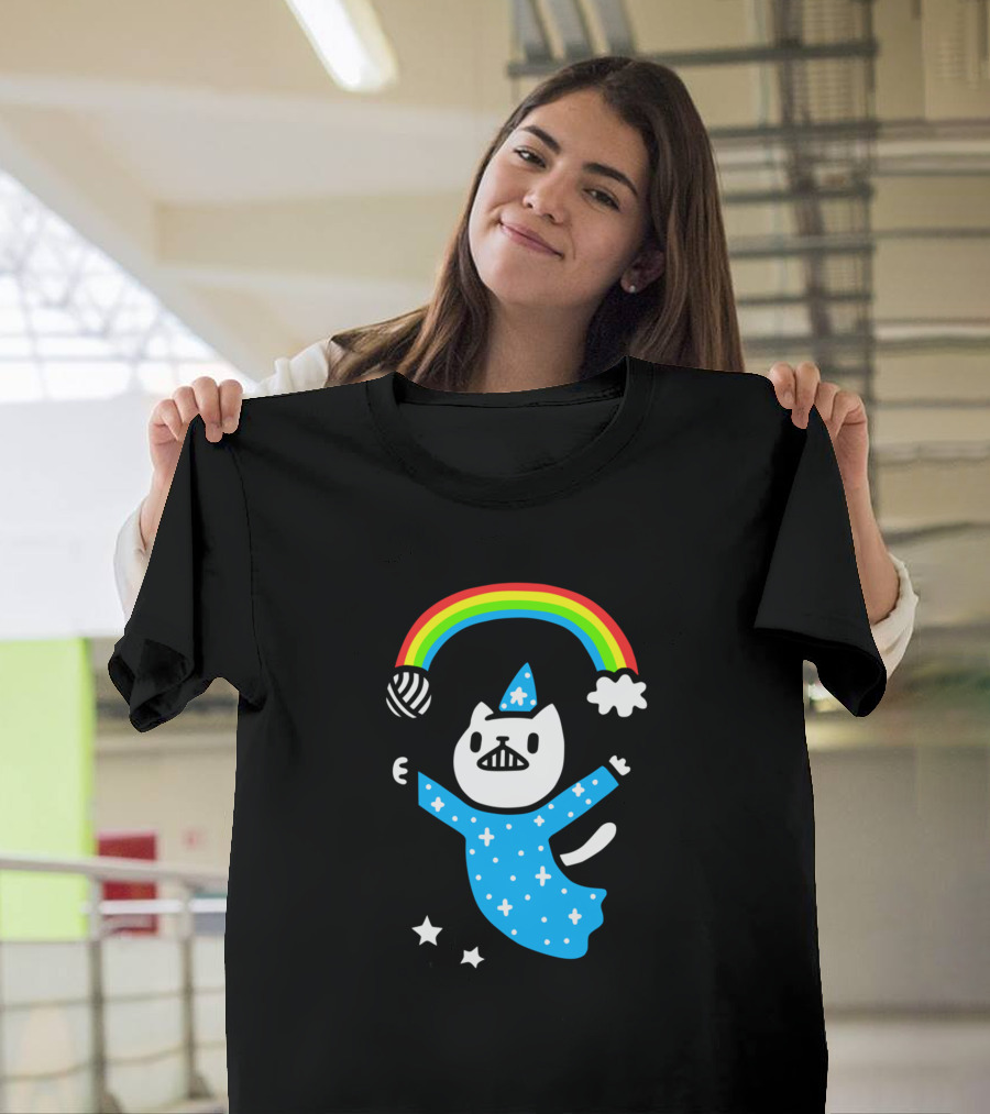 Magic Wizard Cat with Rainbow and Stars T-Shirt