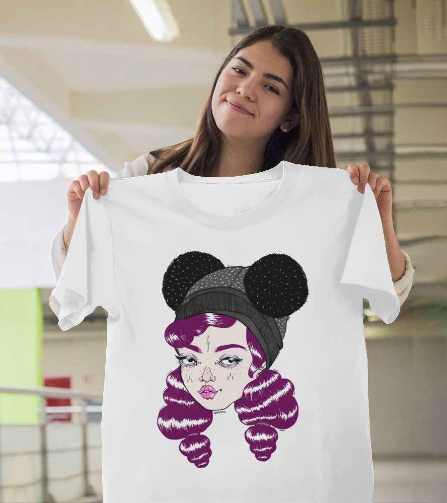 Purple Hair Girl with Black Pom Pom Beanie T-Shirt