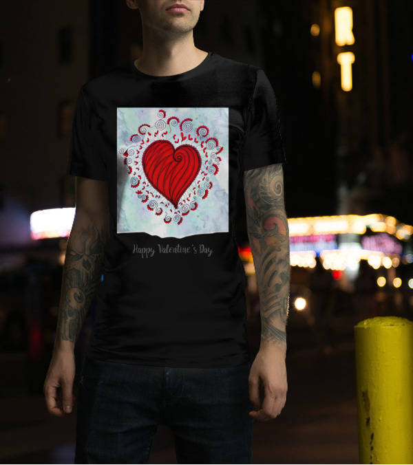 Happy Valentine's Day Red Heart Swirls And Floral T-Shirt