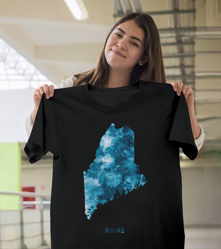 Maine Watercolor Blue Map T-Shirt