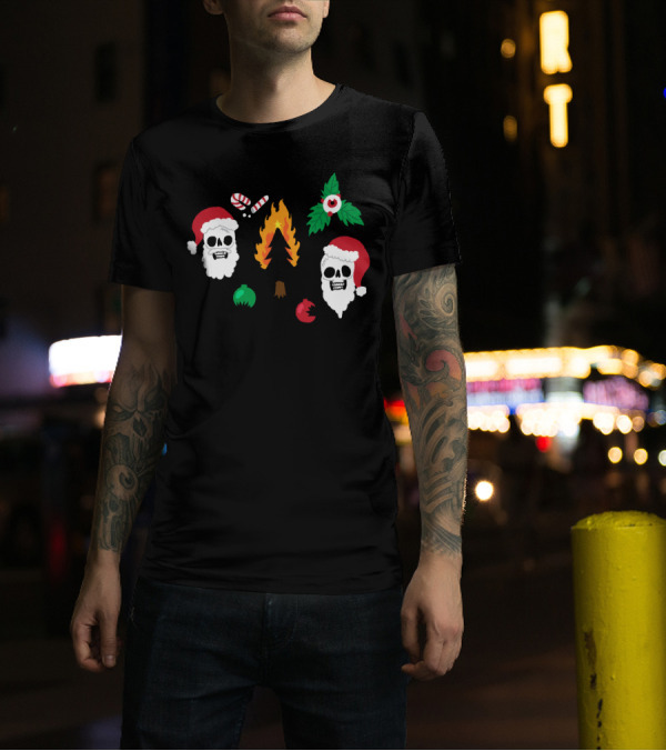 Santa Skulls Holiday Chaos With Burning Christmas Tree And Broken Ornaments T-Shirt