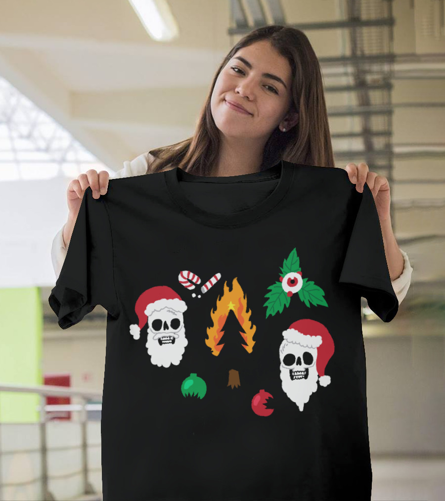 Santa Skulls Holiday Chaos with Burning Christmas Tree and Broken Ornaments T-Shirt