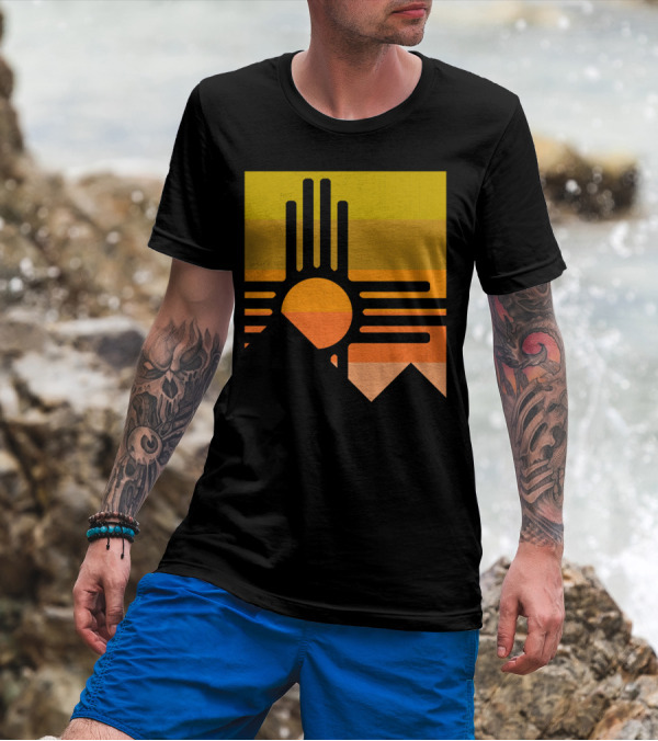 Zia Sun Symbol With Mountain And Sunset Stripes T-Shirt