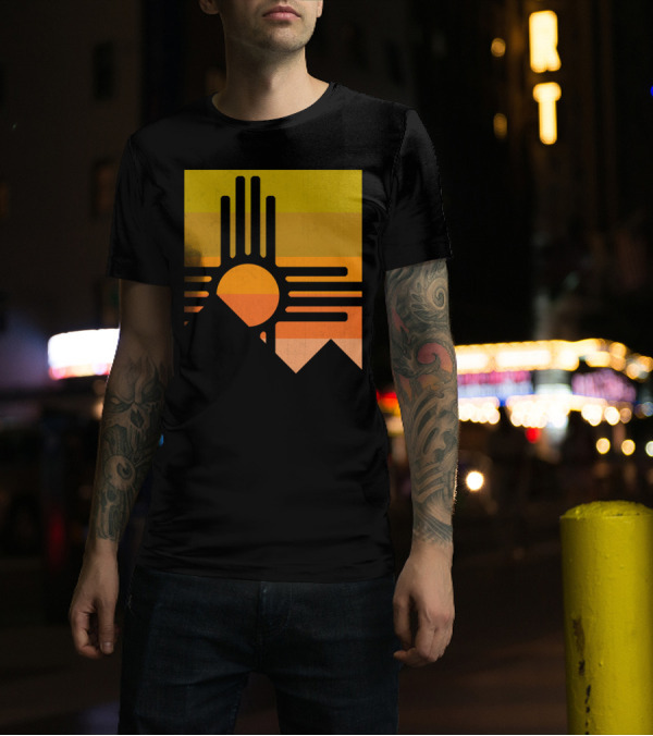 Zia Sun Symbol With Mountain And Sunset Stripes T-Shirt