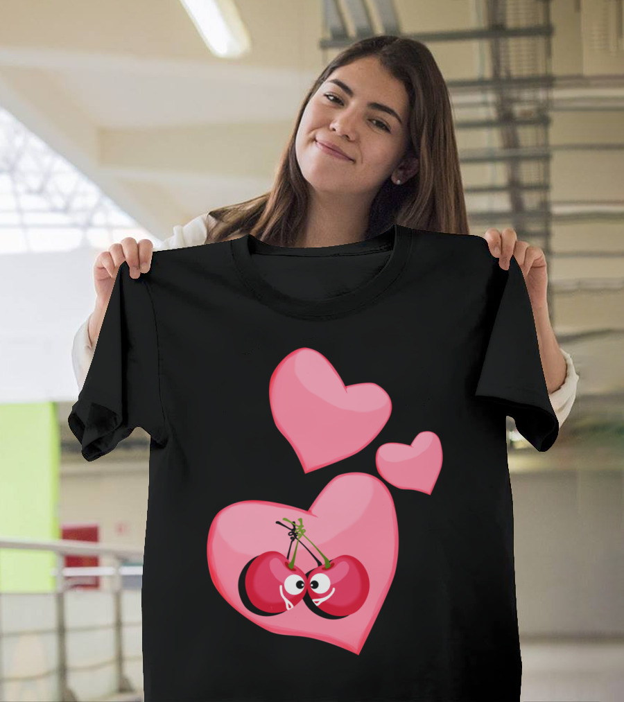Cherries in Love with Heart Eyes and Pink Hearts T-Shirt