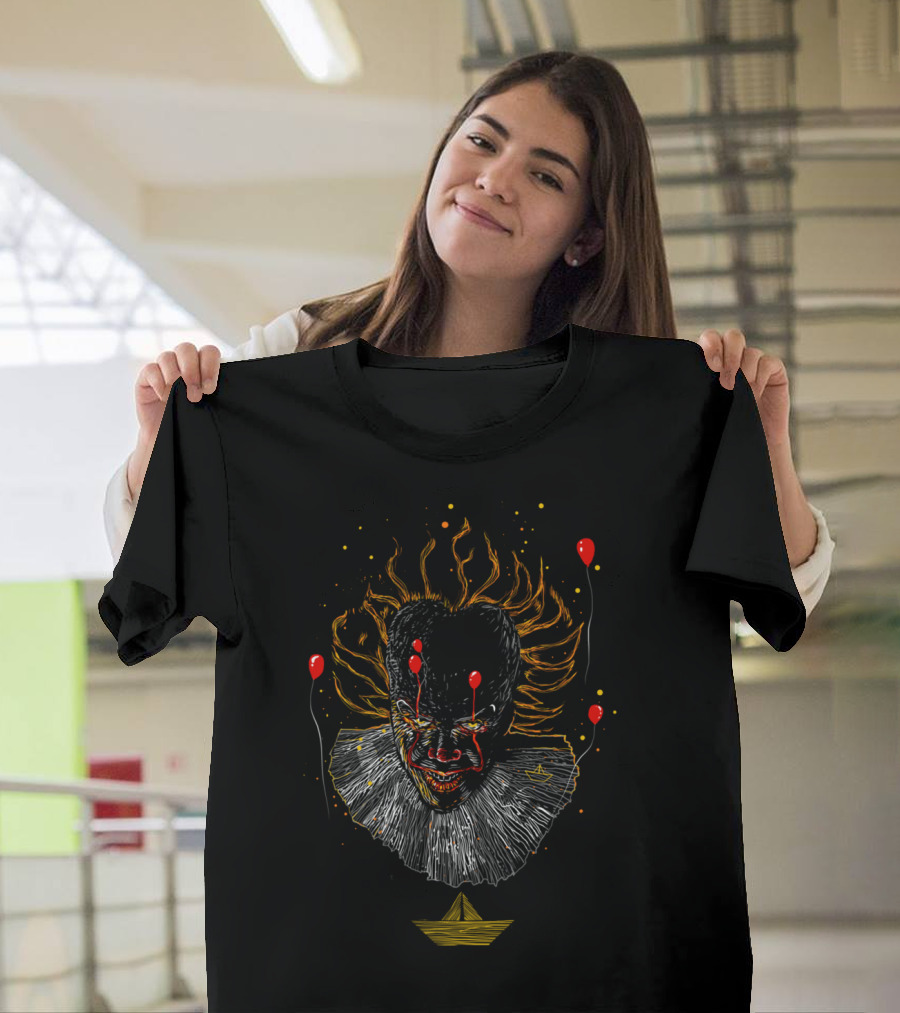 Pennywise Clown With Red Balloons and Paper Boat T-Shirt