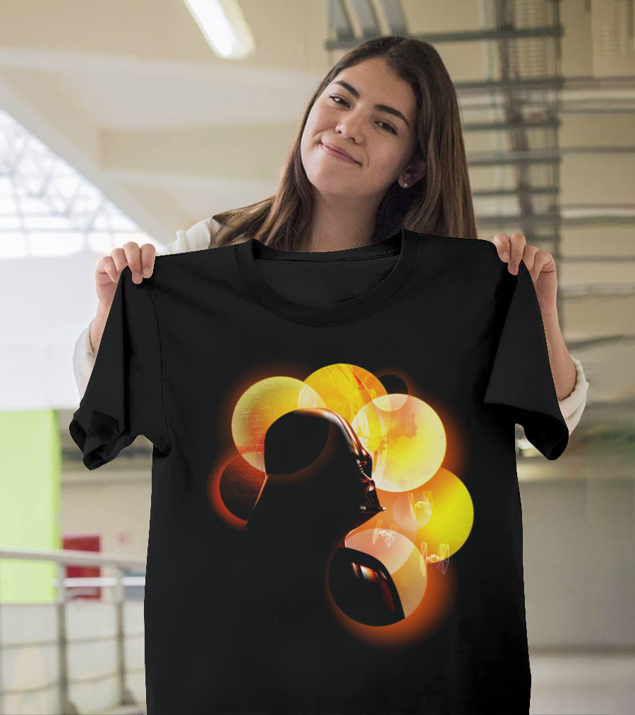 Vader Helmet with Floating Yellow and Orange Orbs in Space T-Shirt