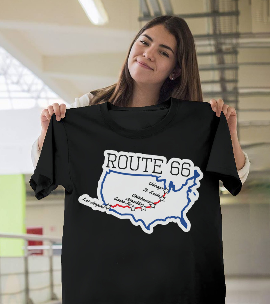 Route 66 Map with Chicago St. Louis Oklahoma Santa Fe Los Angeles T-Shirt