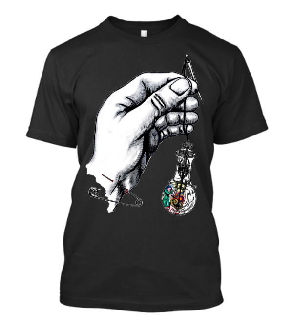 Pins Needles Hand Holding Light Bulb With Multicolored Interior T-Shirt