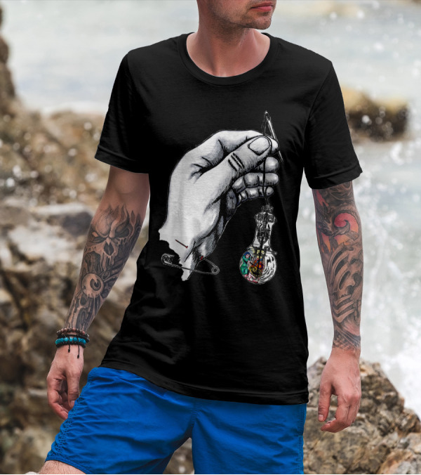 Pins Needles Hand Holding Light Bulb With Multicolored Interior T-Shirt