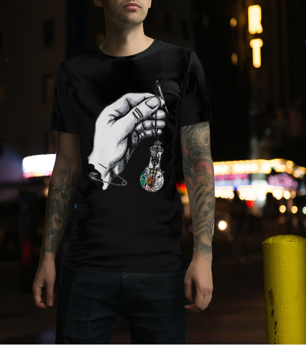 Pins Needles Hand Holding Light Bulb With Multicolored Interior T-Shirt