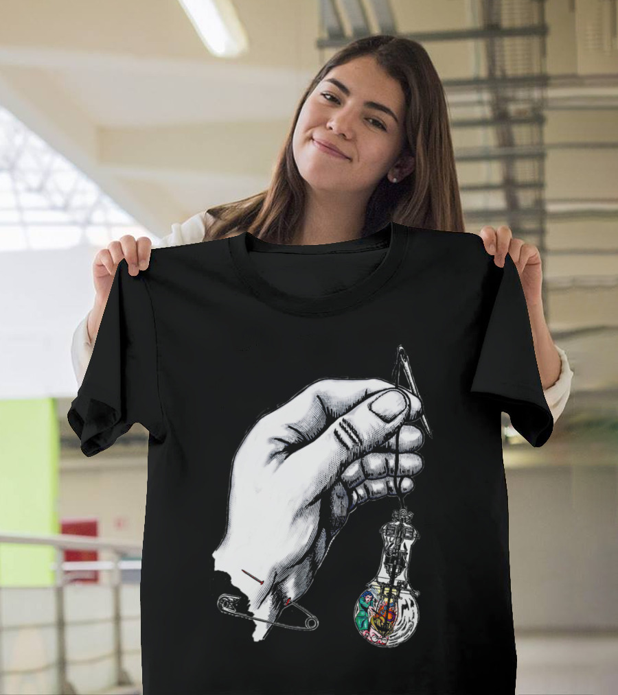 Pins Needles Hand Holding Light Bulb With Multicolored Interior T-Shirt