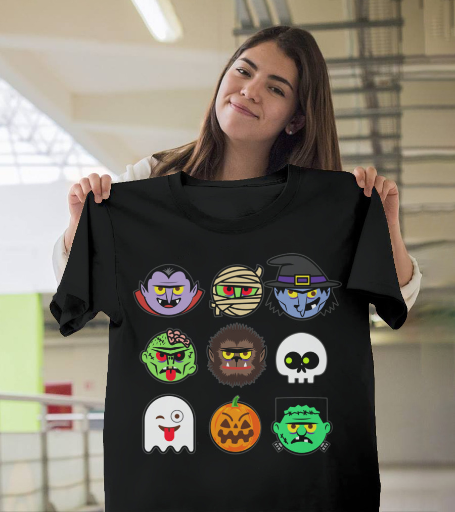 MONSTER FACES Halloween Emoji Dracula Mummy Witch Zombie Werewolf Skull Ghost Pumpkin Frankenstein T-Shirt