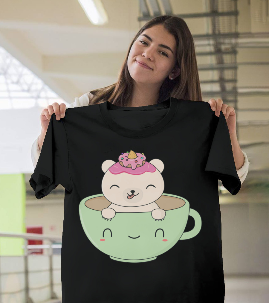 Kawaii Polar Bear with Donut in Happy Coffee Cup T-Shirt