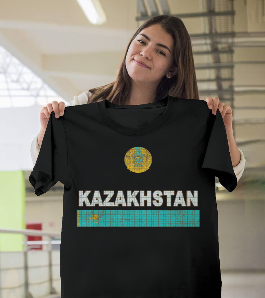 Kazakhstan Weathered Vintage Look Mosaic Style Emblem and Flag T-Shirt