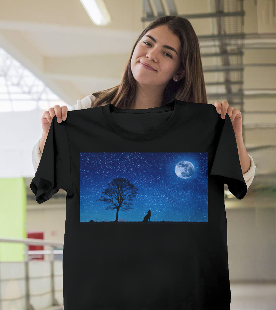 Blue Moon Howling Dog Night Sky Scene T-Shirt