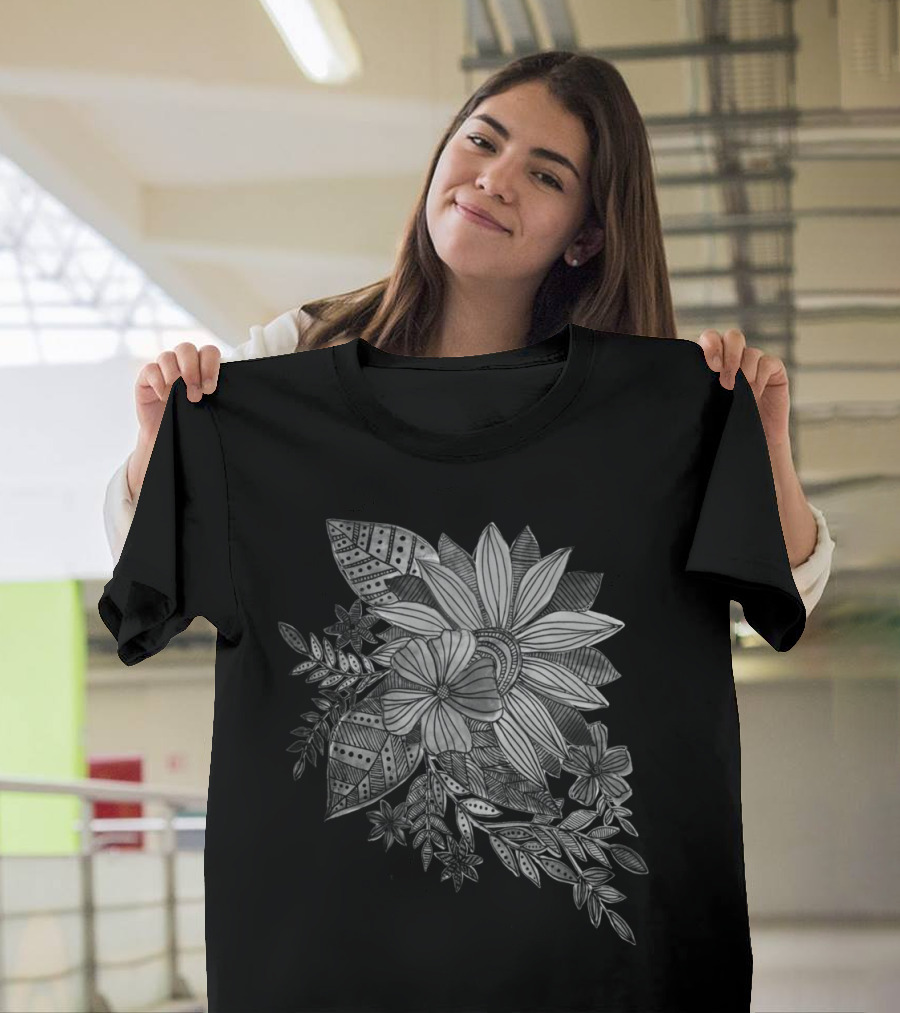 Watercolor Sunflowers with Intricate Black and White Floral T-Shirt