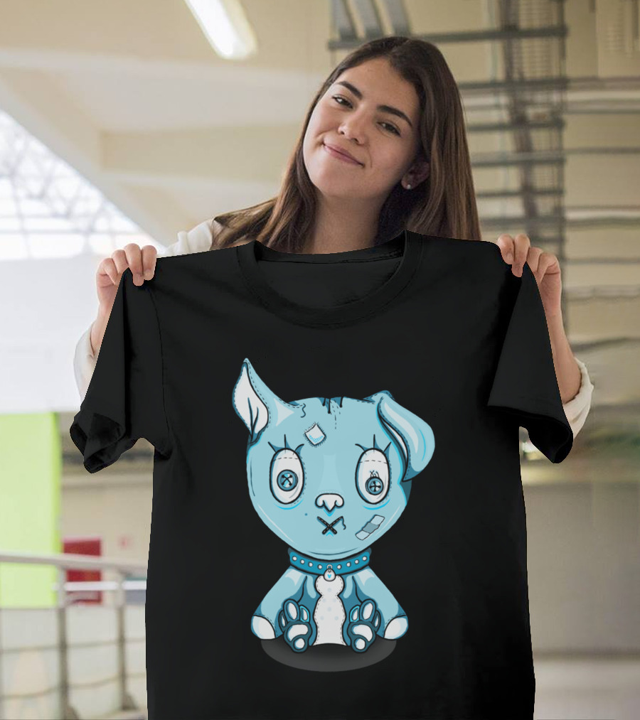 Theodore The Dusty Dog Patchwork Plushie with Button Eyes and Blue Hue T-Shirt
