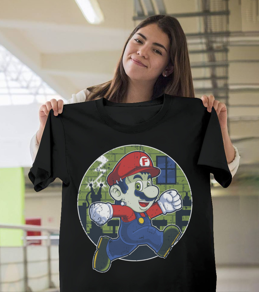 Plumber Franky Running Retro Style with Red Hat and Blue Overalls T-Shirt