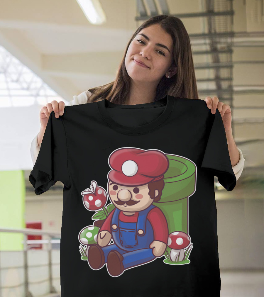 Plumber Toy Character Sitting with Mushrooms and Pipe T-Shirt
