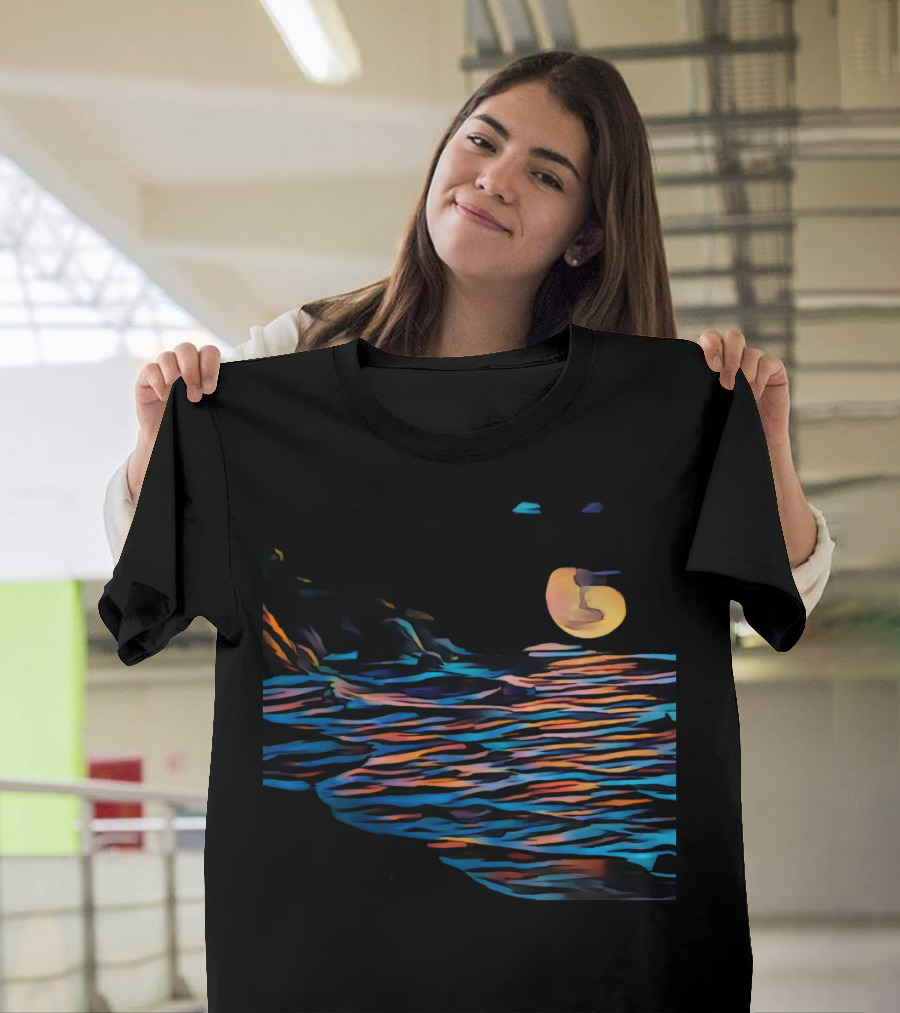 Moonlight Reflections Over Vibrant Beach Waves T-Shirt
