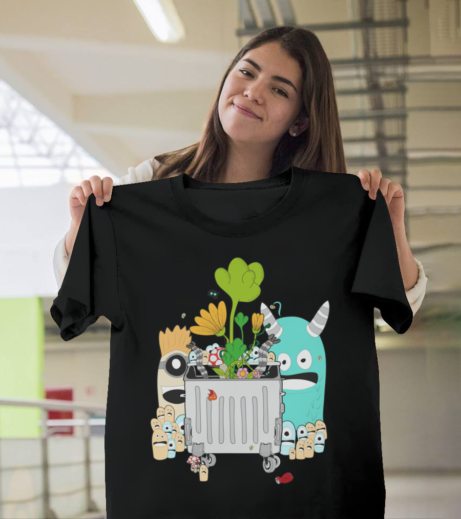 Recycling Monsters Unite with Colorful Floral and Fantastical Characters T-Shirt
