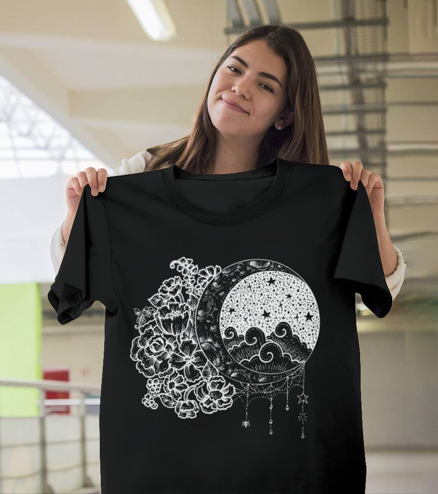 Moonlight Blooms Inverted Moon and Stars T-Shirt